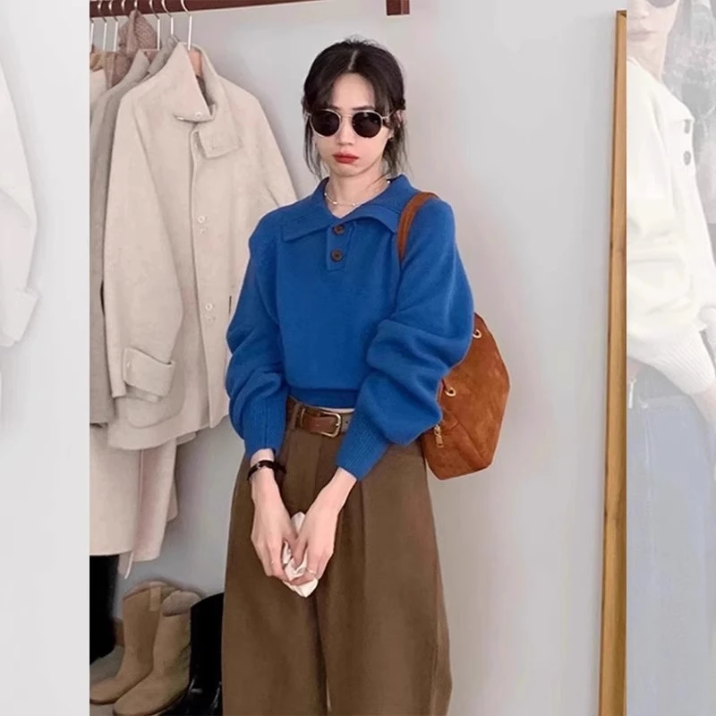 韩系复古克莱因蓝polo翻领毛衣女秋冬宽松针织衫高腰短款气质上衣