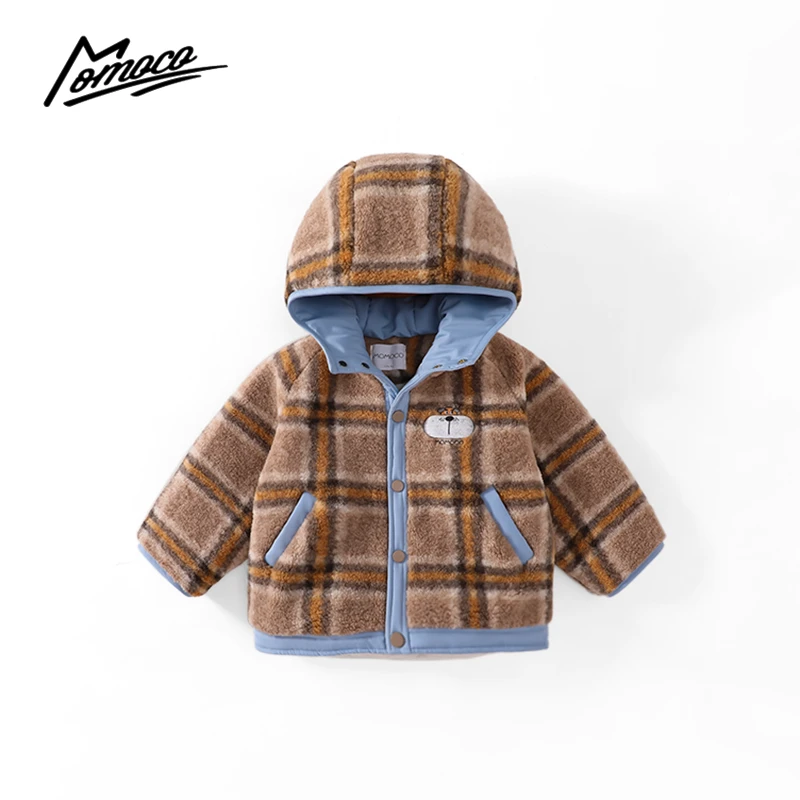 MOMOCO冬季新款男童格子连帽可爱小狗毛毛加棉外套75430101080