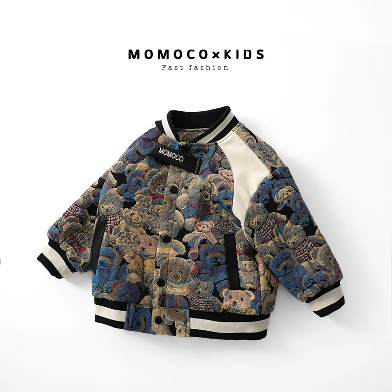 MOMOCO/儿童新款秋冬季男童满印小熊加绒加厚棉服外套75430107007