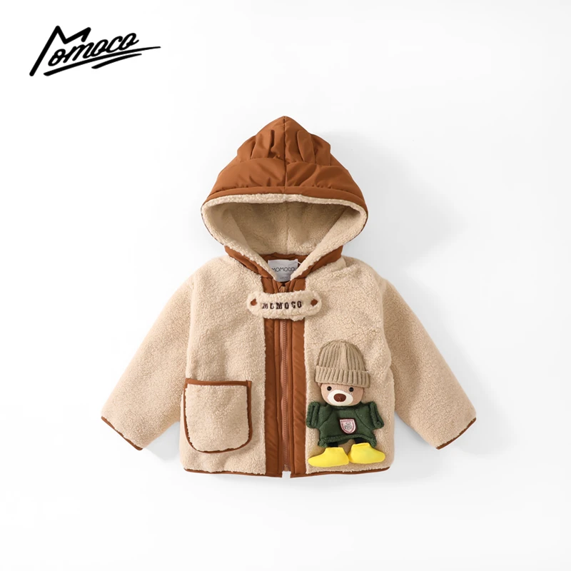 MOMOCO冬季新款男女童加绒可爱小熊保暖连帽毛毛外套75430123026