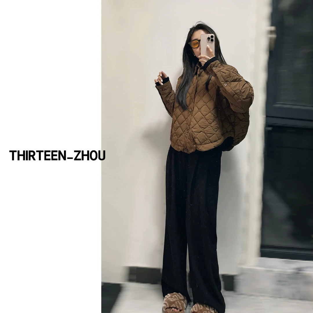 THIRTEEN-ZHOU新款韩系宽松休闲菱格羽绒外套
