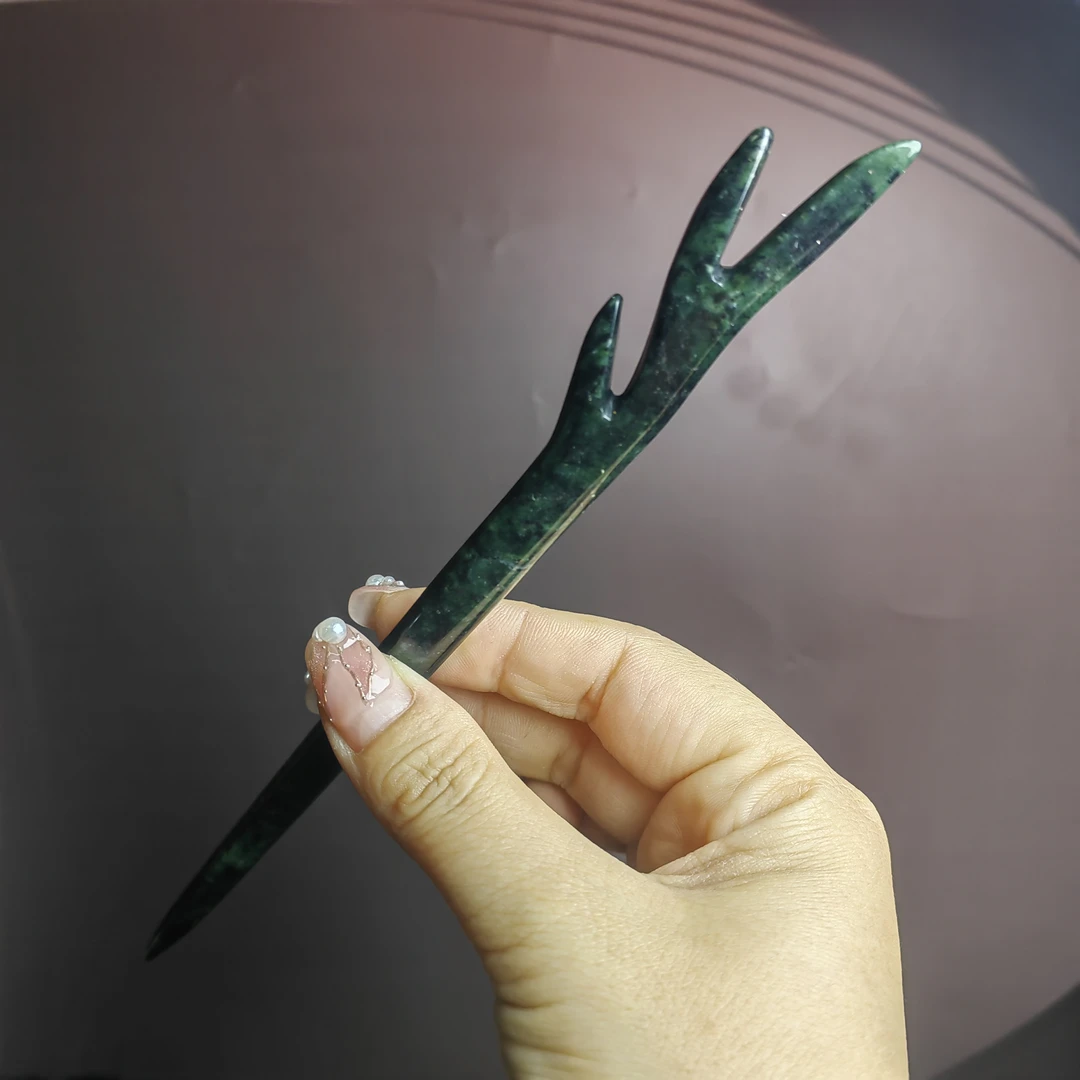 岫玉发簪新中式盘发玉簪子墨绿双面鹿角长度16-17厘米随机发货