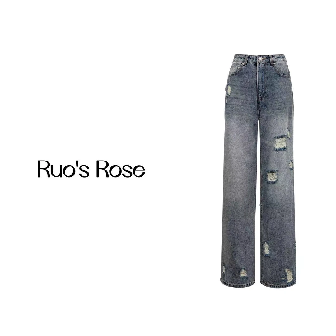 Ruos Rose 后破洞设计感老爹直筒牛仔裤