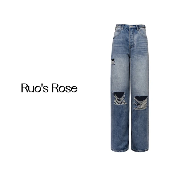 Ruos Rose 重工定制水洗巴黎秀款大破洞拖地牛仔裤
