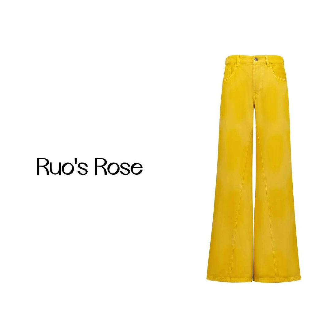 Ruos Rose  黄色水洗阔腿直筒柔软牛仔拖地裤