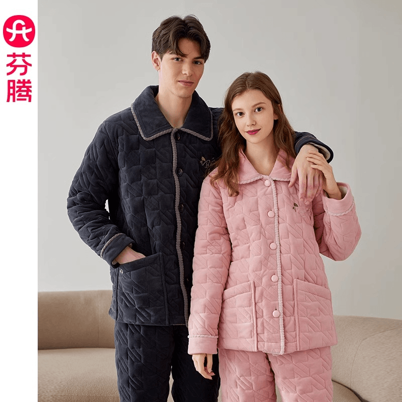 芬腾情侣睡衣冬季珊瑚绒夹棉袄三层加厚女套装加绒加大码男家居服