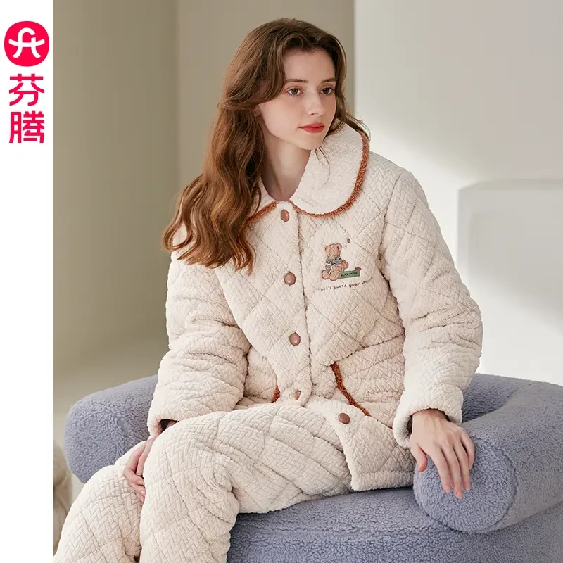 芬腾女士冬季睡衣三层加厚法兰绒夹棉袄套装珊瑚绒大码加绒家居服