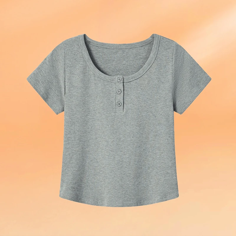 高含棉时尚休闲正肩t恤女2025年夏季新款纯色减龄显瘦短款上衣潮