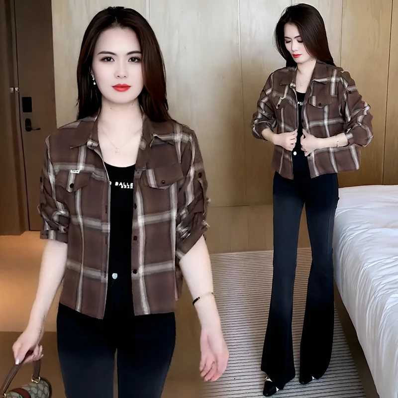 纯棉长袖格纹衬衫女2025年春秋新款小个子洋气减龄显瘦翻领衬衣潮