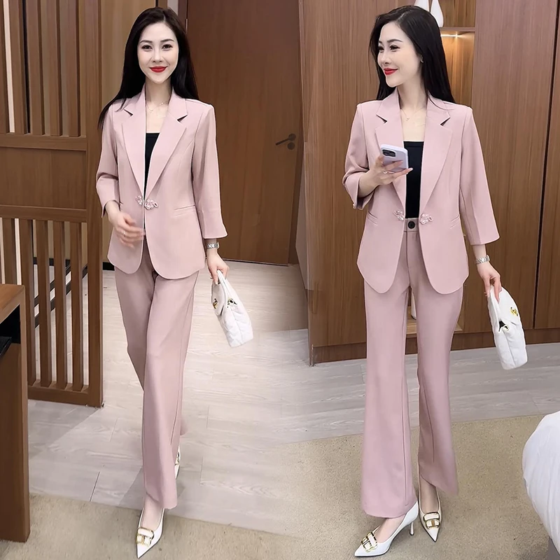 休闲时尚西装套装女2025年春夏气质修身显瘦韩版七分袖西服两件套