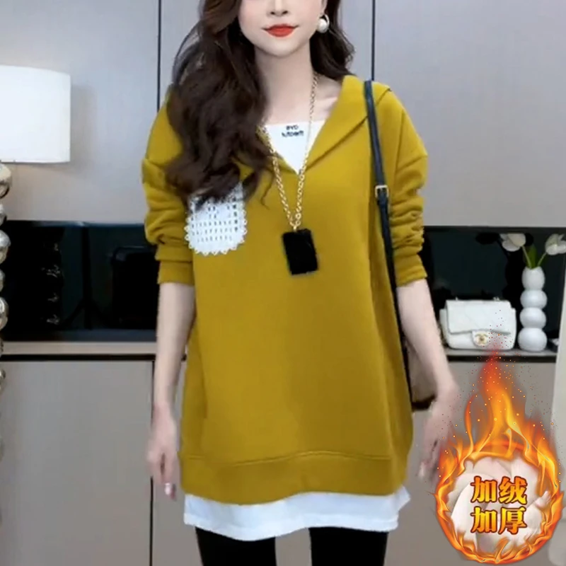高含棉假两件卫衣女2025年冬季新款加绒加厚宽松显瘦中长款上衣潮