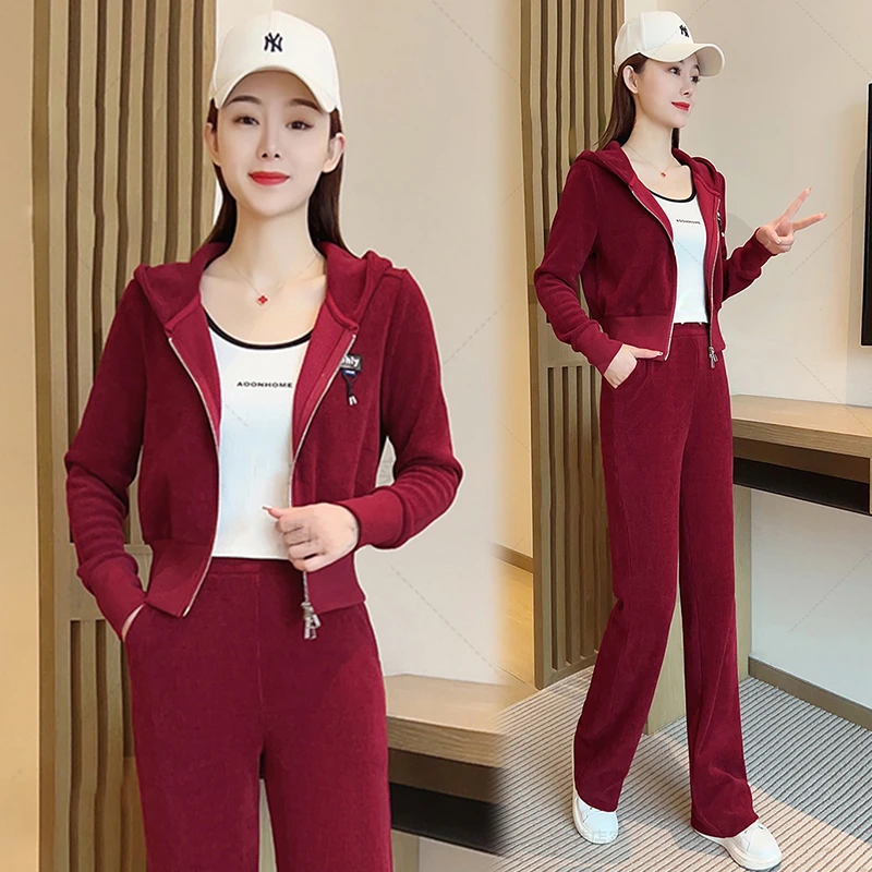 时尚休闲套装女2025春秋新款小个子减龄连帽开衫卫衣阔腿裤两件套