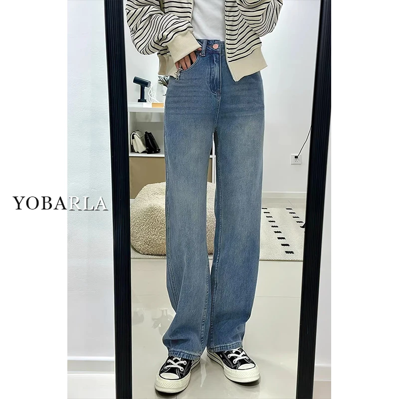 蓝色直筒牛仔裤女冬季加绒胖mm高腰大码宽松显瘦百搭阔腿裤子