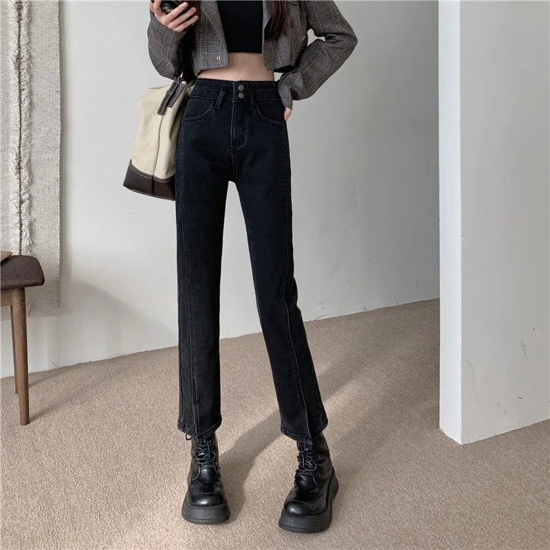 黑色弹力牛仔裤女秋冬高腰窄版直筒大码胖mm加绒小个子九分烟管裤
