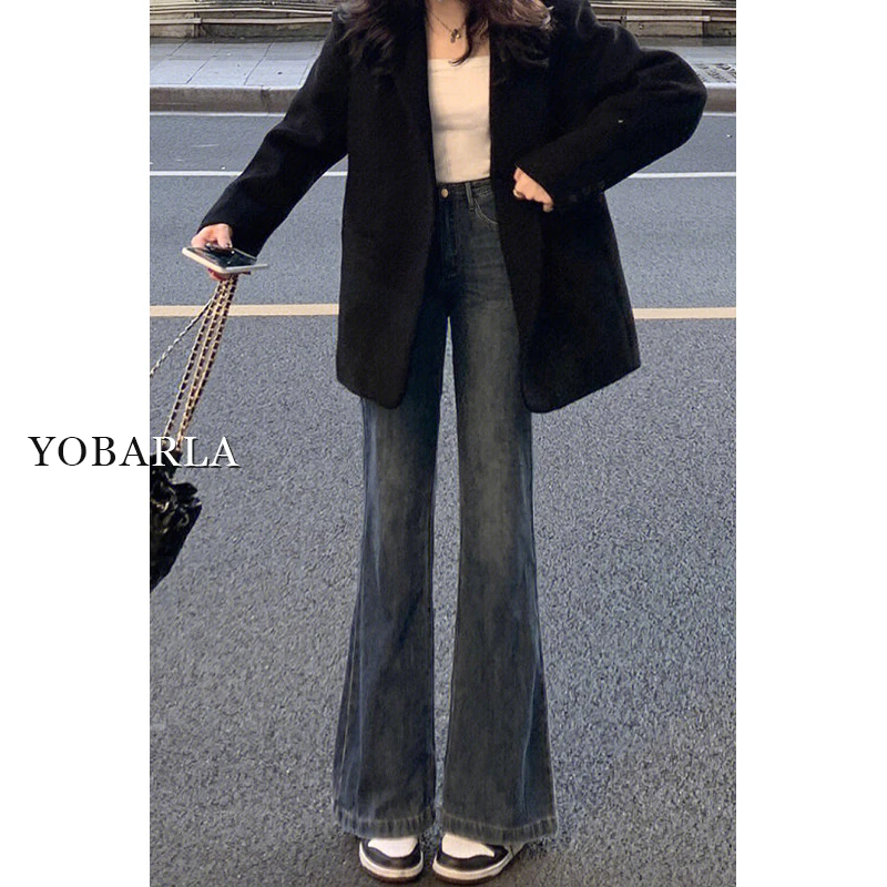 蓝灰色微喇牛仔裤女冬季加绒大码胖mm高腰宽松显瘦梨型身材长裤子