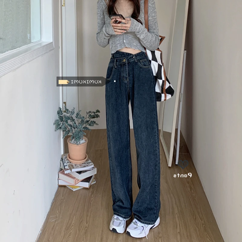 深蓝色不规则直筒牛仔裤女秋季新款大码胖mm高腰显瘦宽松阔腿裤子