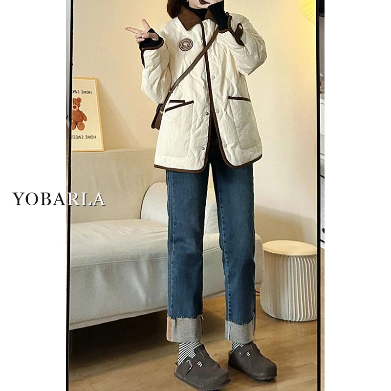 复古蓝直筒牛仔裤女冬季加绒加绒大码高腰显瘦梨形身材九分烟管裤