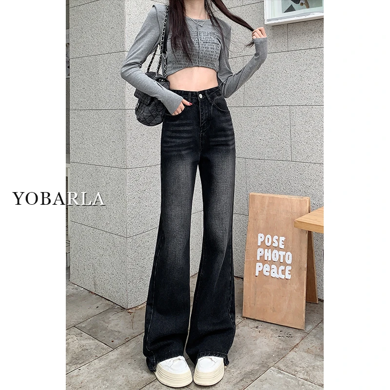 黑色弹力微喇牛仔裤女秋冬大码胖mm高腰宽松加绒梨形身材阔腿裤子