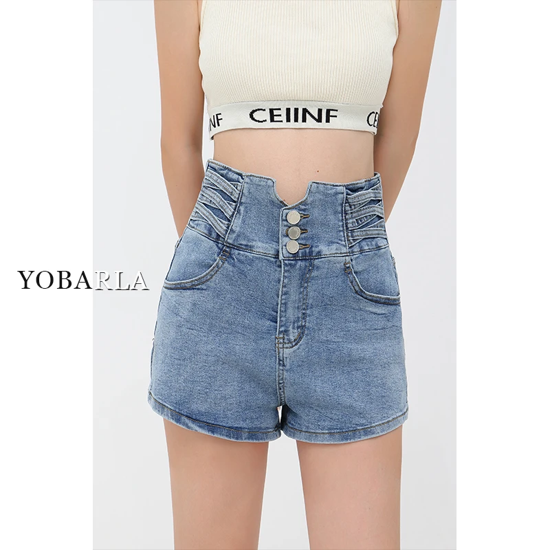 蓝色高腰弹力牛仔短裤女秋冬新款遮肚显瘦a字阔腿热裤-YBL-2236