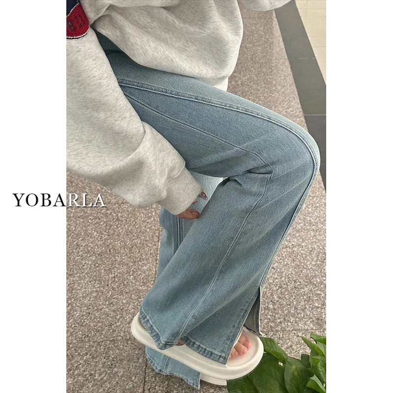 浅色高腰开叉弹力微喇牛仔裤女夏季新款大码显瘦梨形身材马蹄裤子