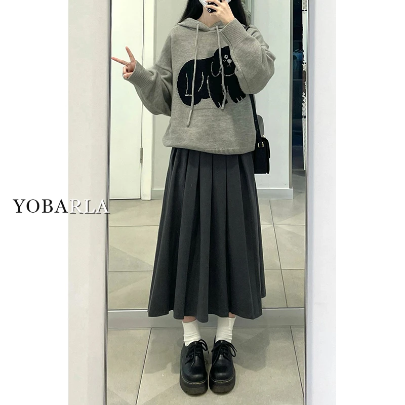 灰色毛呢百褶半身裙女秋季高腰大码胖mm显瘦遮肚子中长款a字裙子