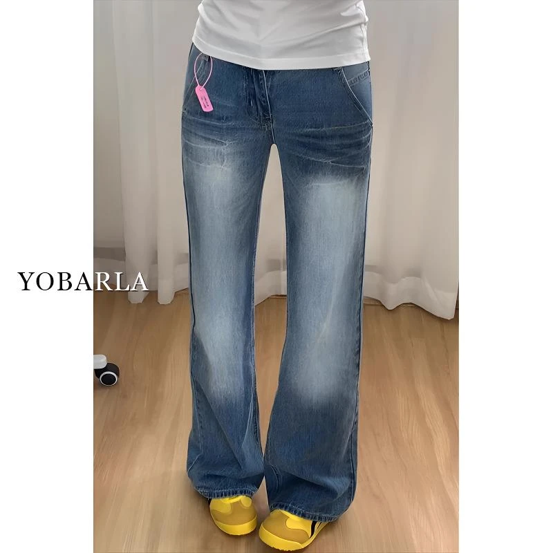 复古蓝直筒牛仔裤女冬季加绒高腰大码宽松显瘦梨形身材拖地阔腿裤