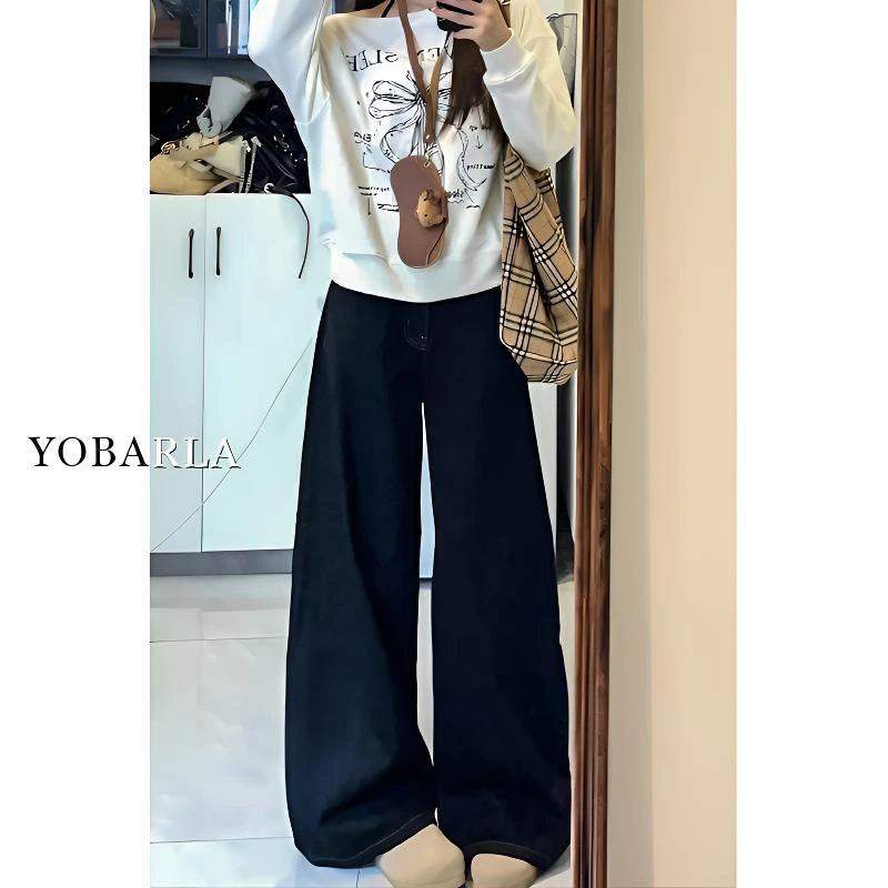 深蓝色直筒牛仔裤女冬季加绒胖mm大码显瘦梨形身材宽松女士牛仔裤