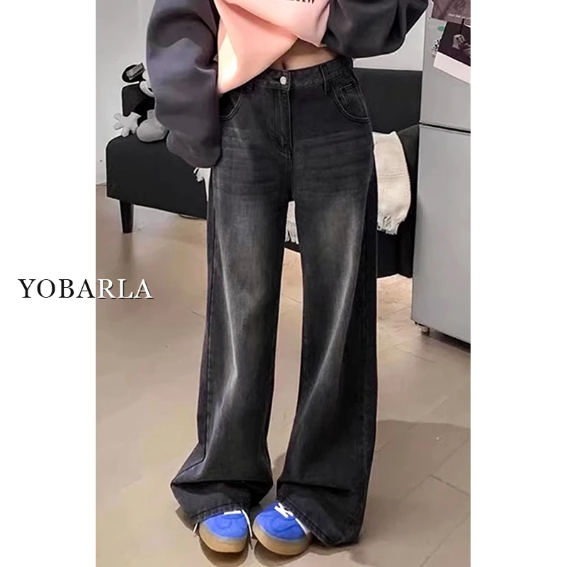 黑灰色直筒牛仔裤女秋冬新款加绒大码宽松显瘦梨形身材高腰阔腿裤