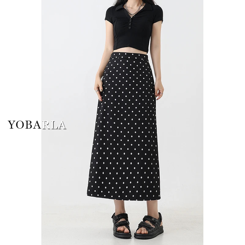 YOBARLA黑色波点休闲半身裙女秋季大码显瘦梨形身材中长款a字裙
