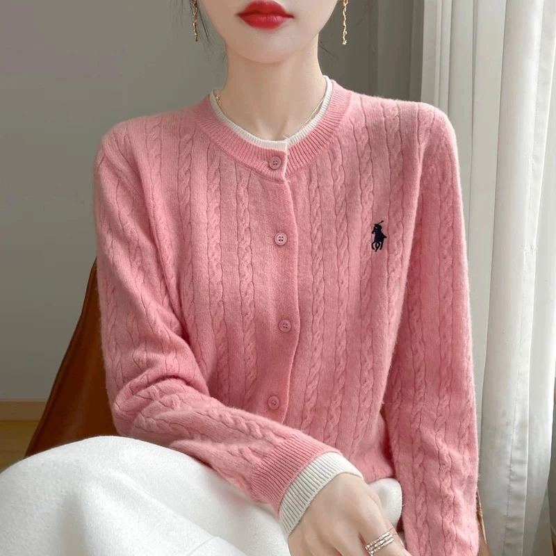 秋冬爆款圆领螺纹麻花针织开衫100羊毛假两件刺绣女士外套纯色