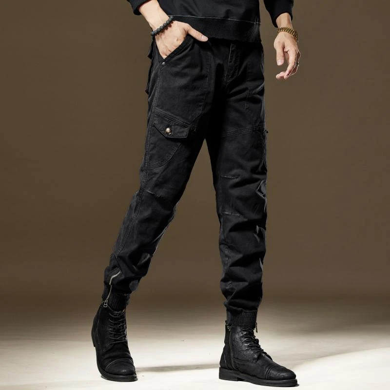 高端美式黑色潮牌工装裤男秋季新款宽松束脚拉链百搭休闲裤子男