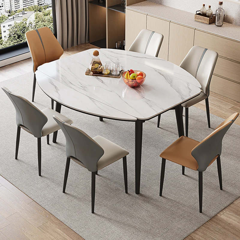 家用餐桌亮光雪山石岩板方变圆餐桌椅简约两用折叠伸缩餐桌