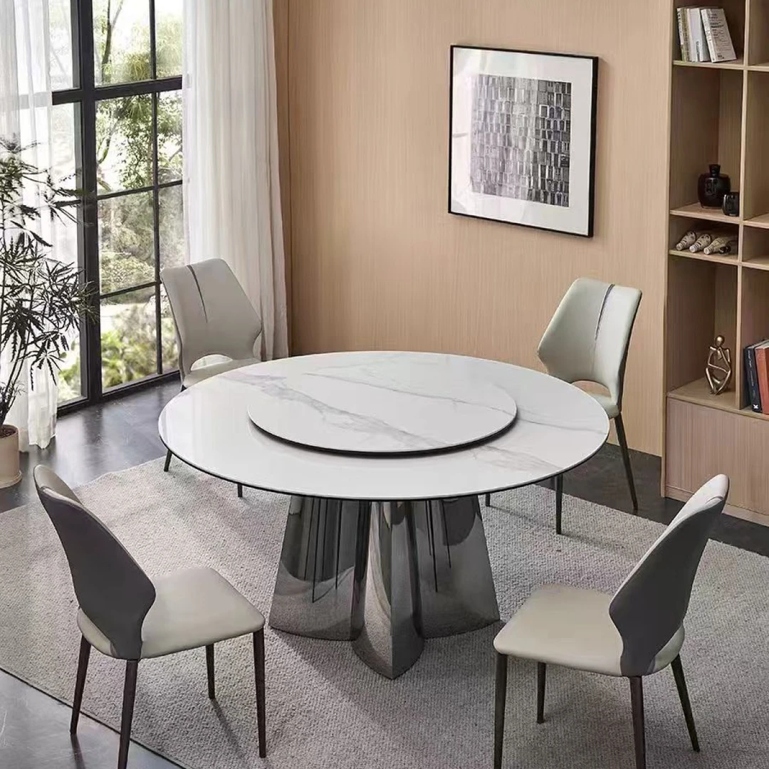 带转盘意式大圆岩板餐桌椅组合家用大小户型简约饭桌简约餐桌