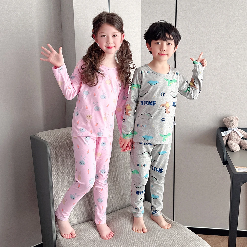 儿童纯棉秋衣裤内衣套装春秋男童莱卡棉家居服女童弹力打底衫睡衣