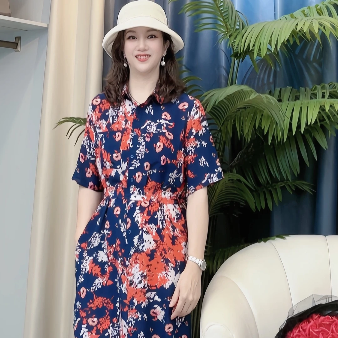 【林姐精选】L90330 桑蚕丝连衣裙印花蓝色优雅修身复古女士气质夏
