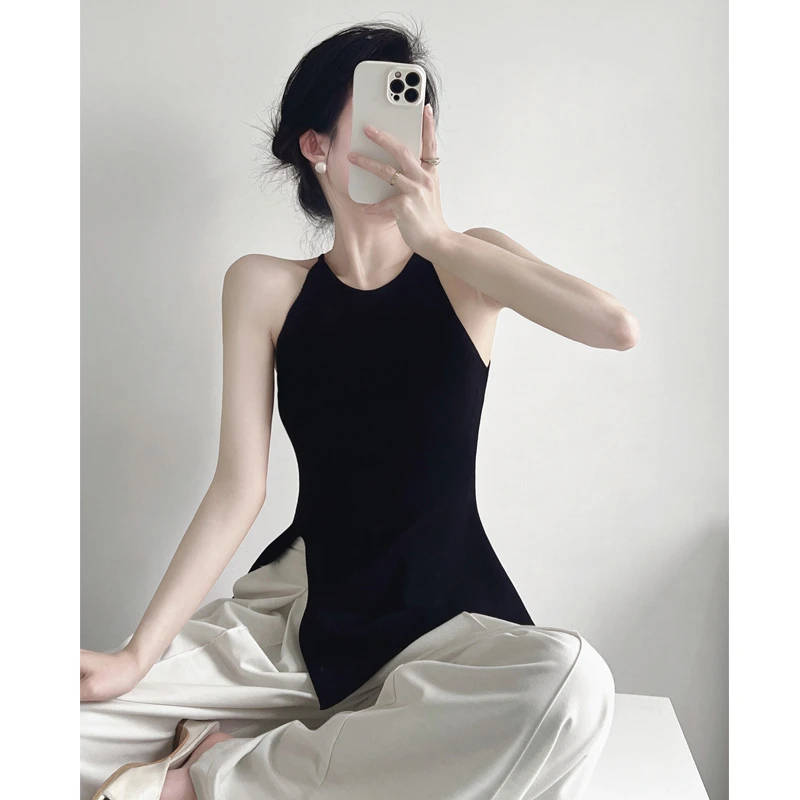 夏季温柔风开叉针织吊带背心衫女小众修身显瘦气质纯色通勤上衣