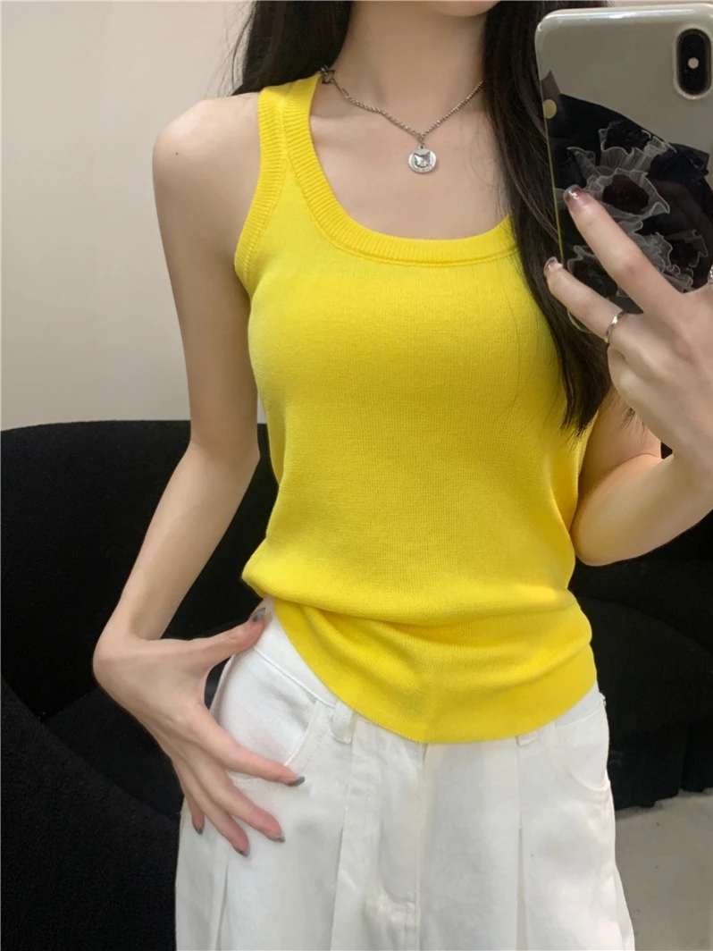 夏季柠檬黄显白显瘦工字背心女吊带小修身纯欲甜辣百搭无袖上衣