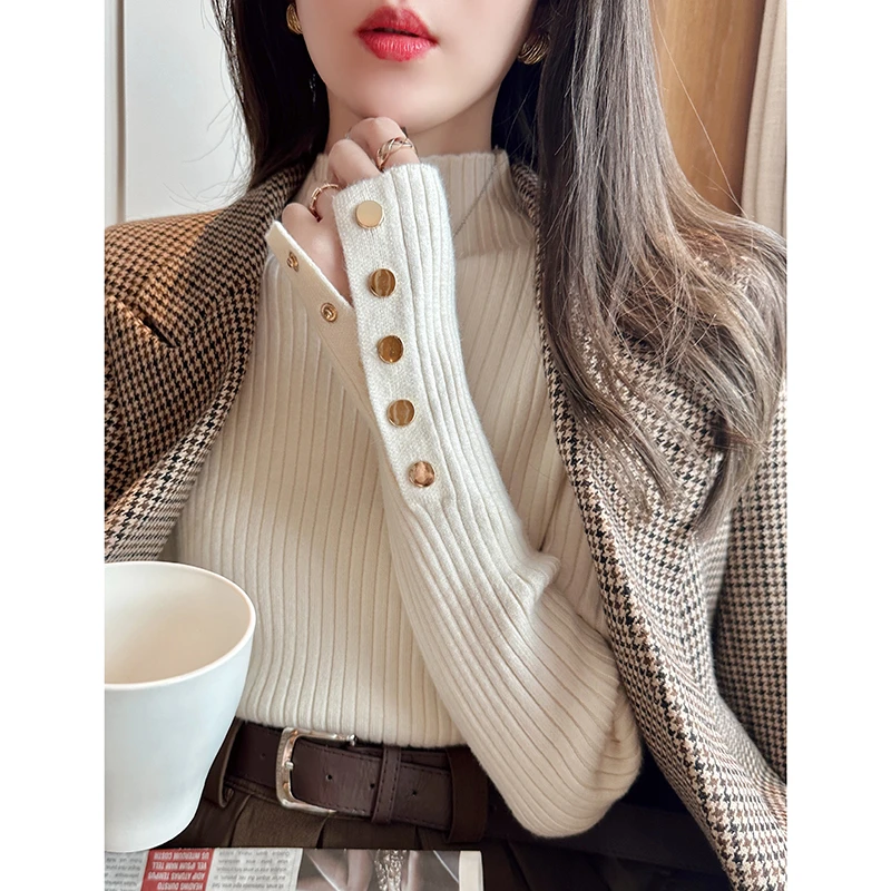 小香风绝美半高领打底针织衫女秋冬高级坑条设计感修身内搭上衣