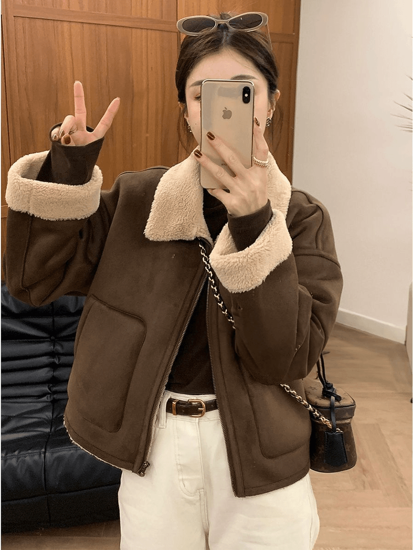 外套女美拉德欧货高级感秋冬加厚仿皮毛一体翻领机车夹克上
