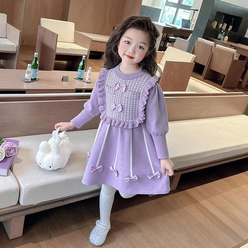 女童毛衣连衣裙秋冬季韩版千鸟格女宝宝加厚裙子洋气秋装2024新款