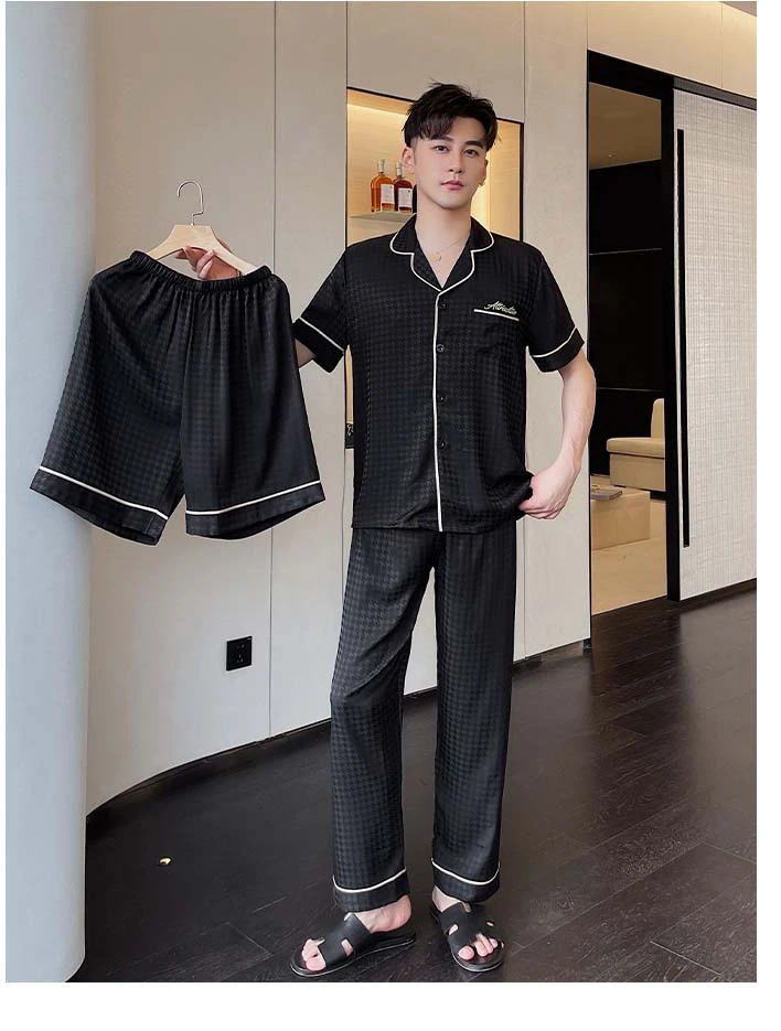 《三件套》男士冰雪丝短袖千鸟格提花春夏冰丝睡衣男士家居服