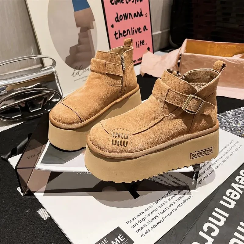 欧货磨砂真皮皮带扣字母厚底松糕显瘦显脚小面包鞋博肯雪地棉靴女