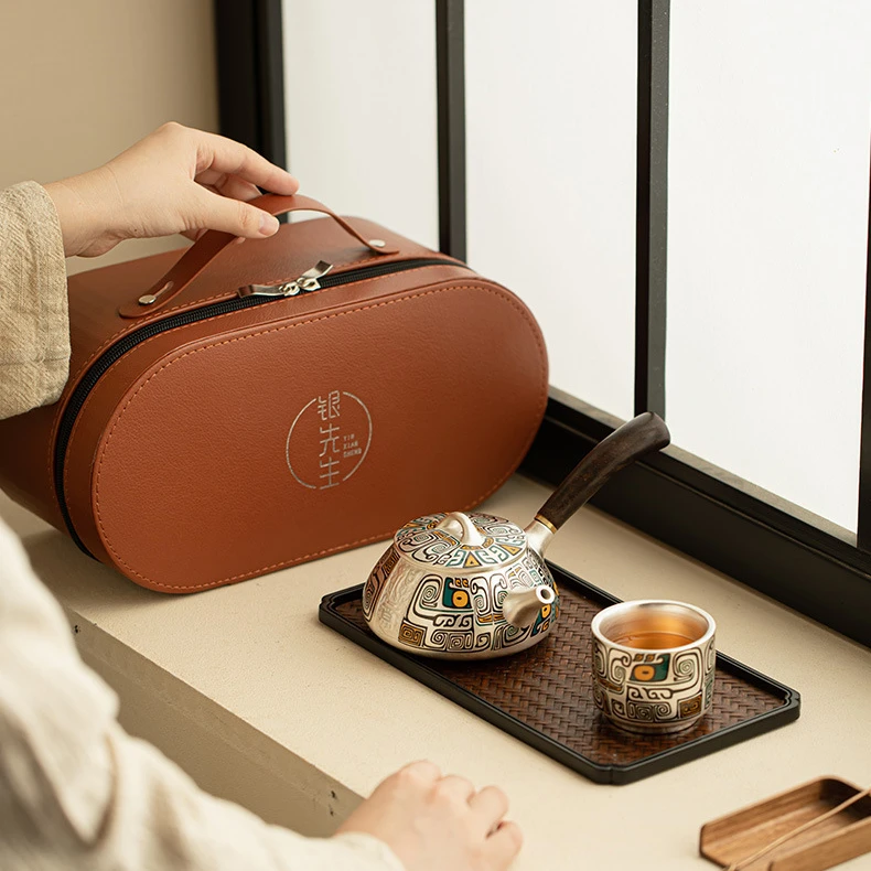 饕餮如意纹侧把银壶 鎏银茶具套装 高端礼盒皮质