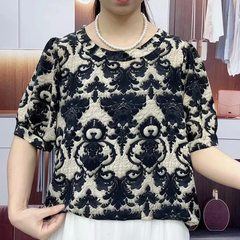 新款洋气妈妈装宽松短袖3D立体花型上衣