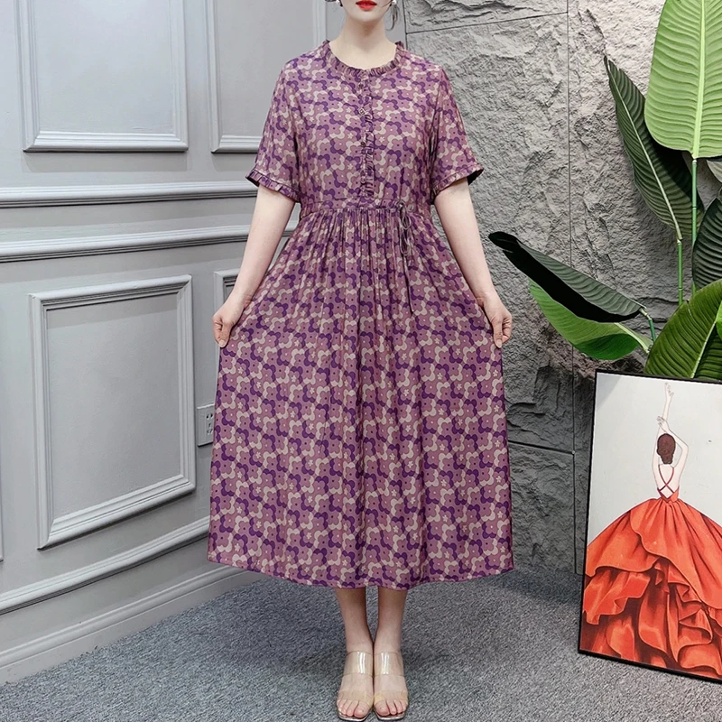 新款洋气女士宽松时尚粉紫花连衣裙JXE
