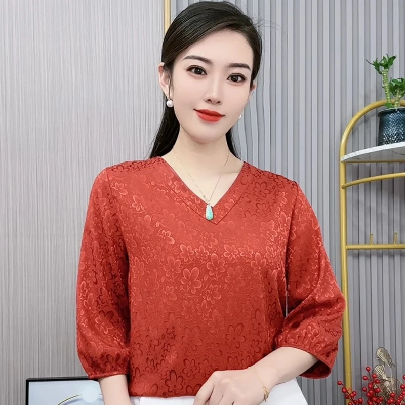 宋锦提花V领七分袖小衫XYH1180