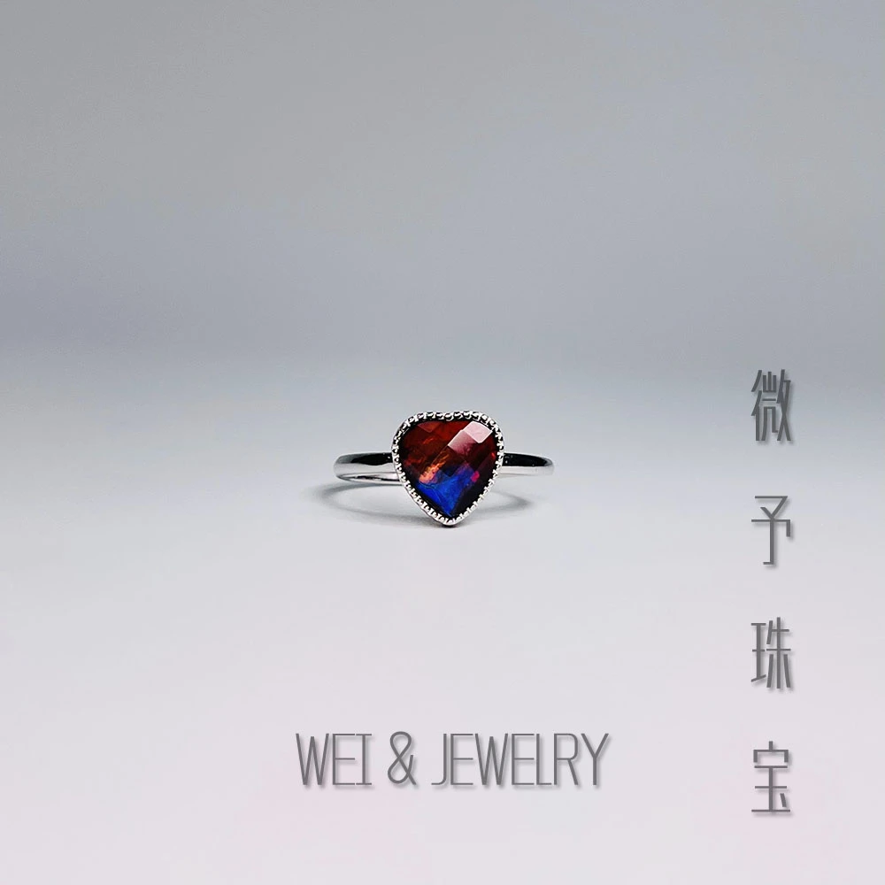 合金戒指 彩色斑彩石爱心粉紫原石个性镶嵌银戒开口戒创意多样性