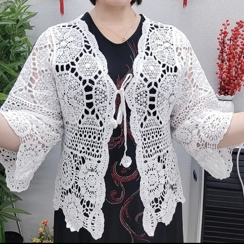 大码中老年妈妈夏季薄款镂空防晒外搭宽松针织开衫洋气披肩女外套