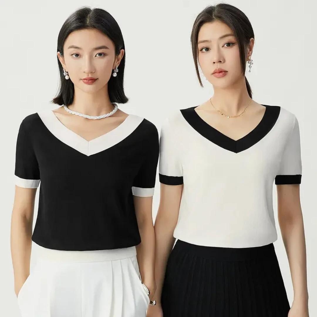 【商场同款】拼色V领针织衫显瘦时尚短袖洋气百搭设计感T恤A301238