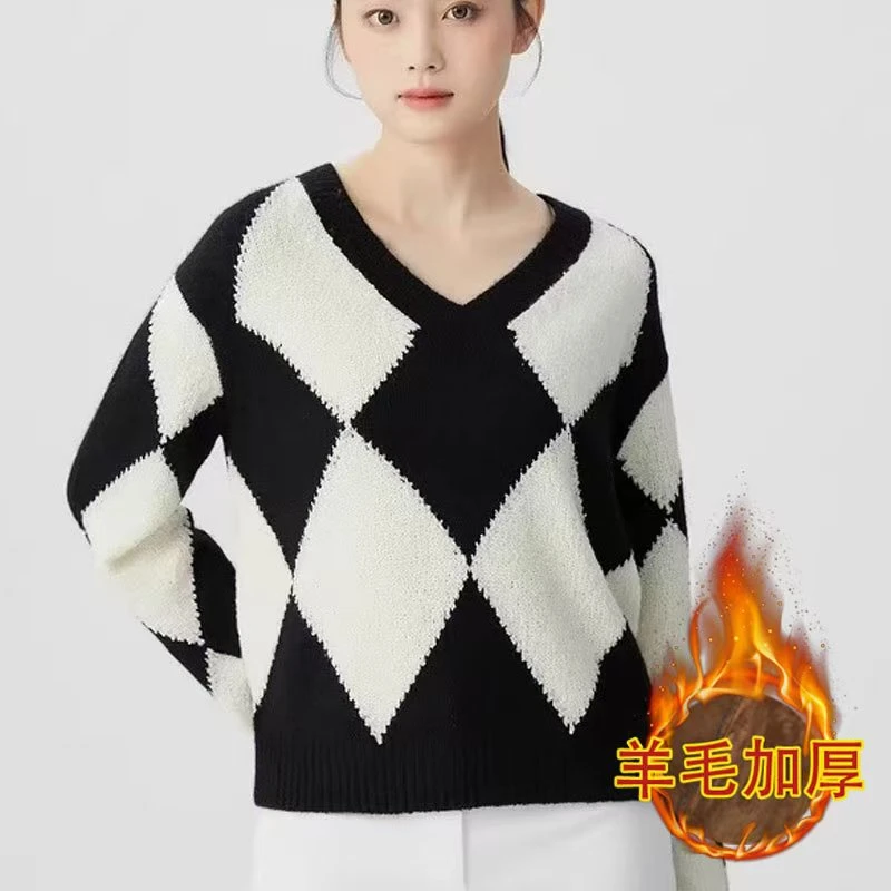 【商城同款】V领套头针织衫黑白菱格慵懒复古针织毛衣上衣女5399671